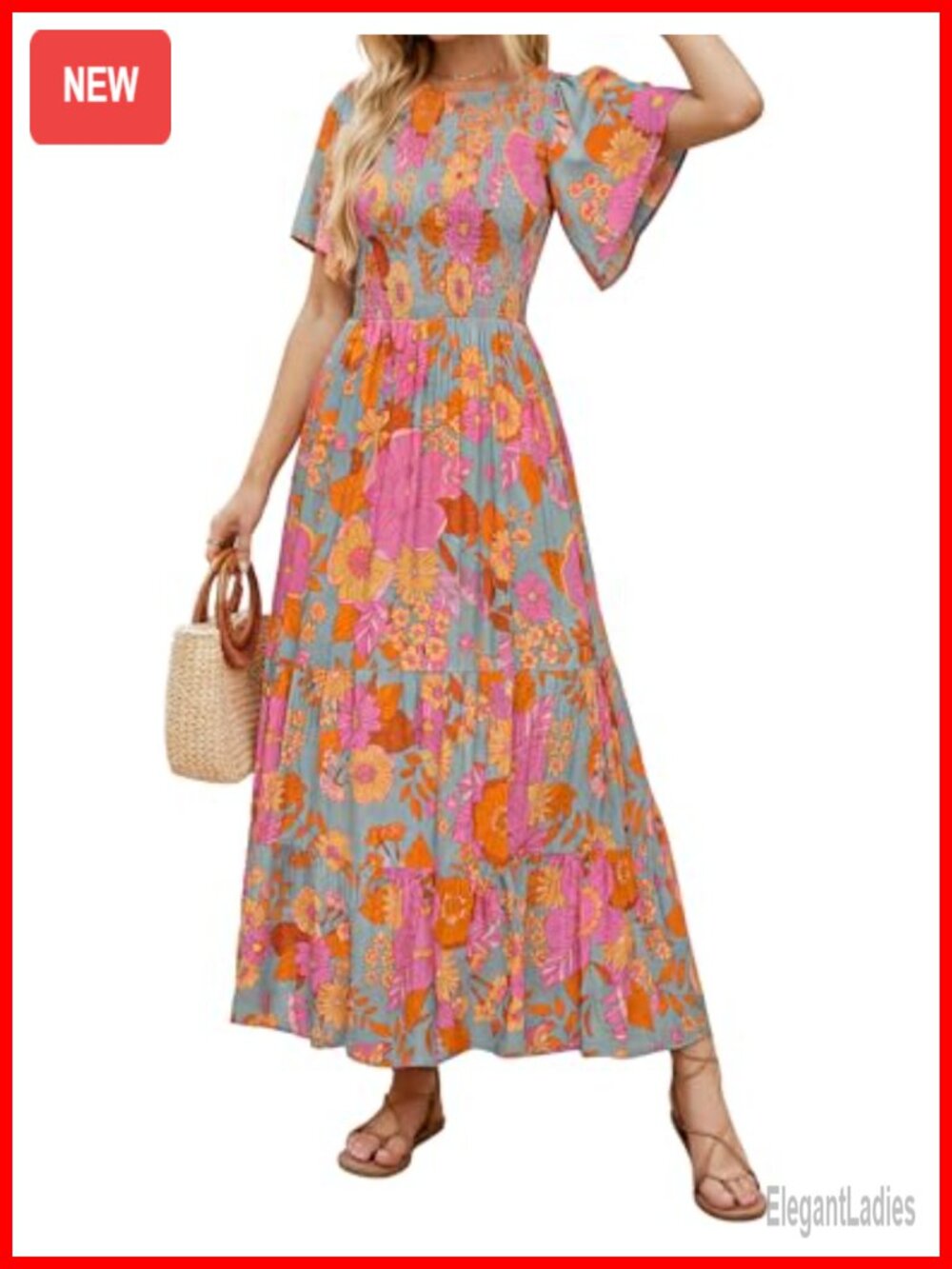 Boho Floral Smocked Short Sleeve Tiered Maxi Dress
